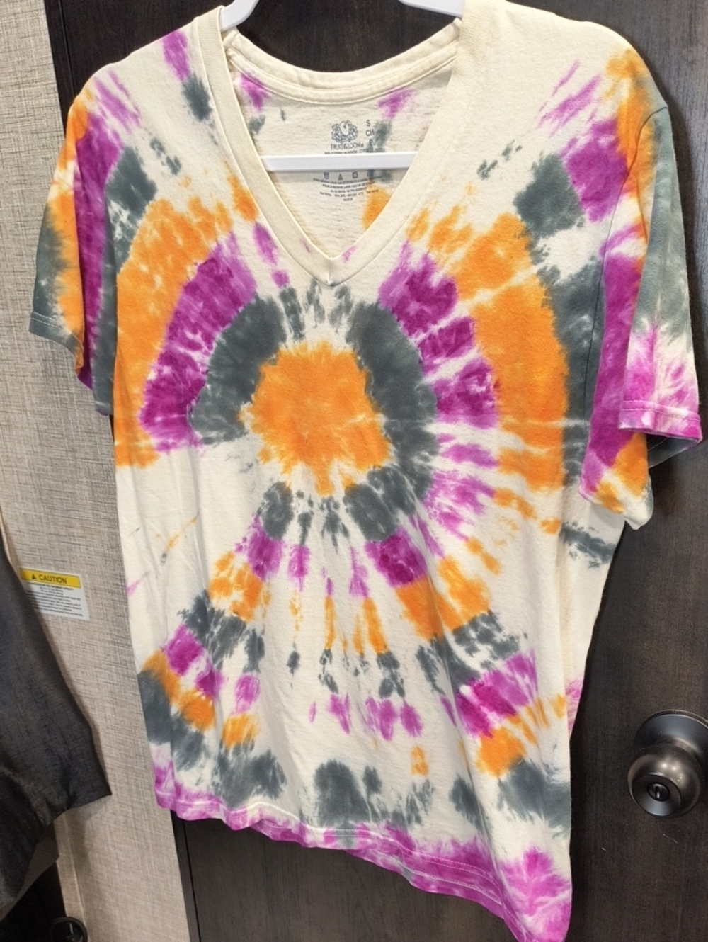 Fruit of the Loom Women's V-Neck Tie-Dye Tee in Cream, Orange & Purple